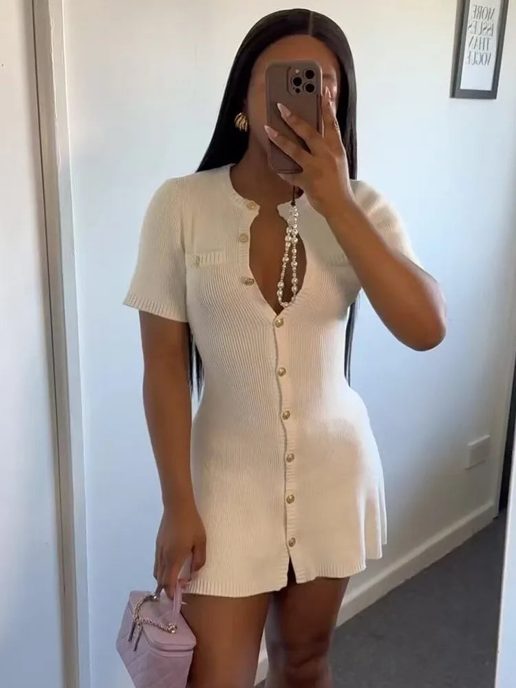 Solid Color Elegant Knitted Mini Dress For Women Metal Button Sexy Slim Rib Sweater Dress Holiday Party Outfits Spring 2025 New