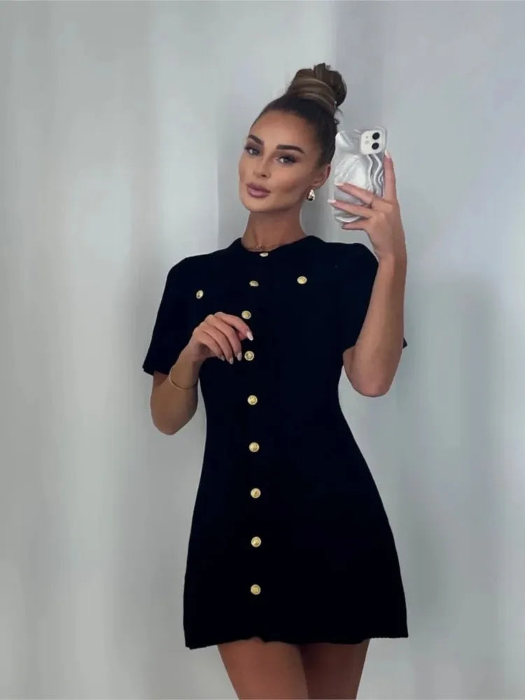 Solid Color Elegant Knitted Mini Dress For Women Metal Button Sexy Slim Rib Sweater Dress Holiday Party Outfits Spring 2025 New