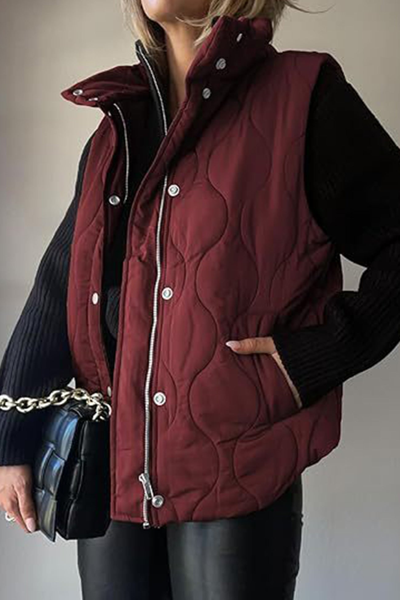 Solid Color Sleeveless Zipper Vest with Buttons