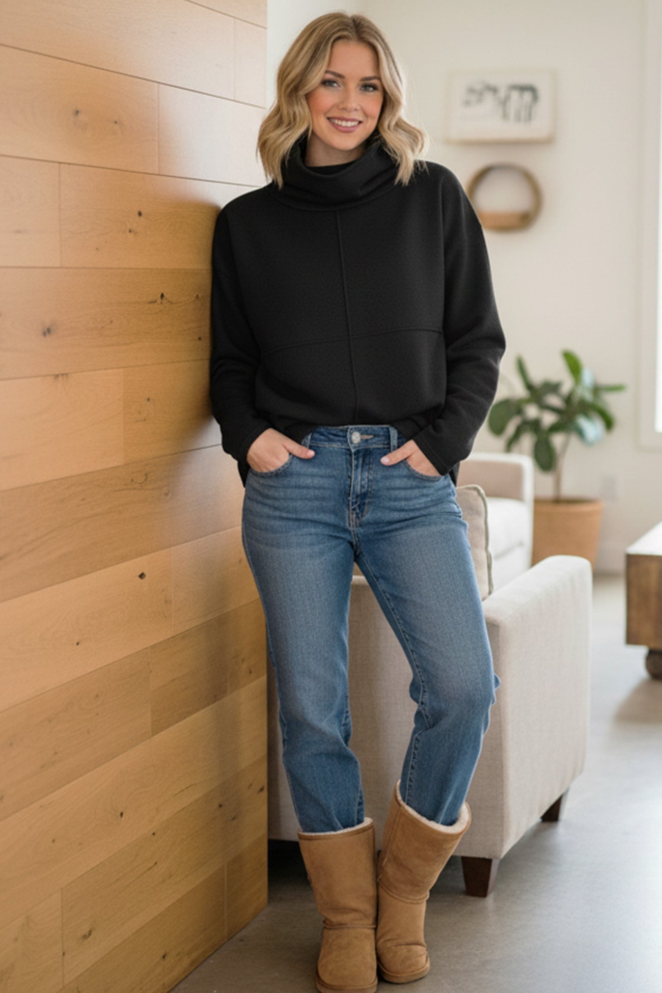 Solid Color Turtleneck Pocket Pullover Sweatshirt