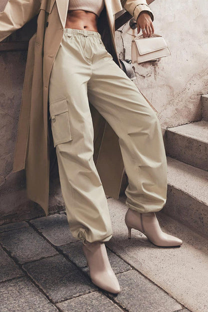 Solid Drawstring Large Pocket Cargo Pants