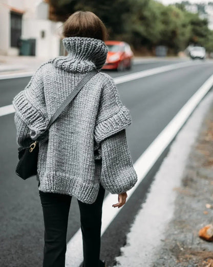 Solid Knit Turtleneck Double Lantern Sleeve Thick Warm Oversized Loose Fall Winter Sweater
