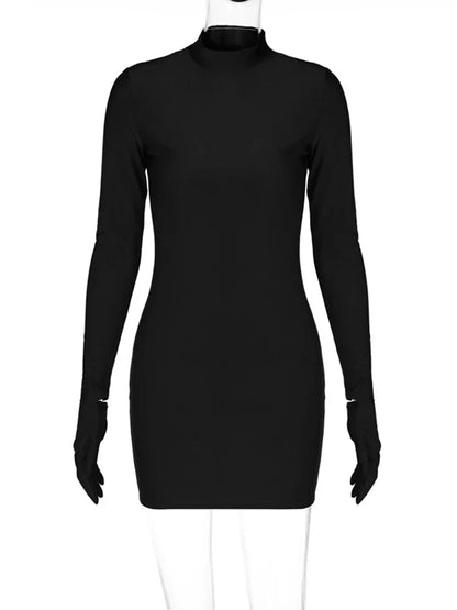 Long Sleeve Gloves Bodycon Sexy Streetwear Party Half Turtleneck Mini Dress