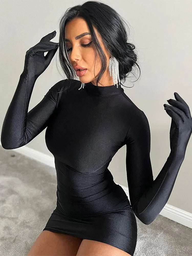 Long Sleeve Gloves Bodycon Sexy Streetwear Party Half Turtleneck Mini Dress