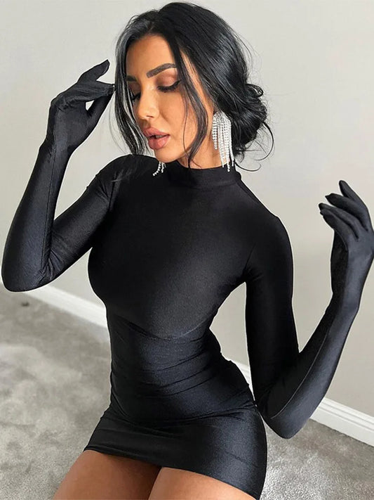 Long Sleeve Gloves Bodycon Sexy Streetwear Party Half Turtleneck Mini Dress