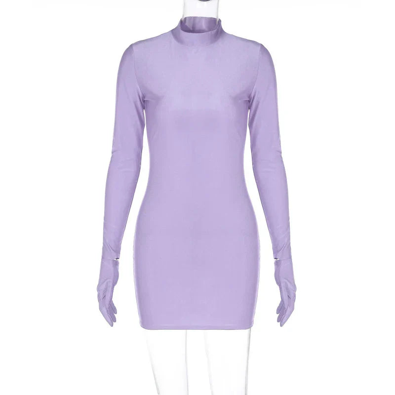 Long Sleeve Gloves Bodycon Sexy Streetwear Party Half Turtleneck Mini Dress