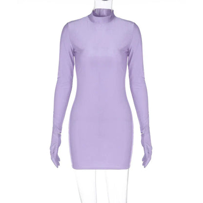 Long Sleeve Gloves Bodycon Sexy Streetwear Party Half Turtleneck Mini Dress