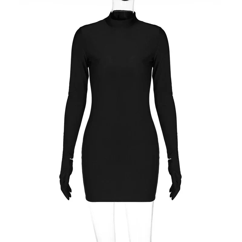 Long Sleeve Gloves Bodycon Sexy Streetwear Party Half Turtleneck Mini Dress