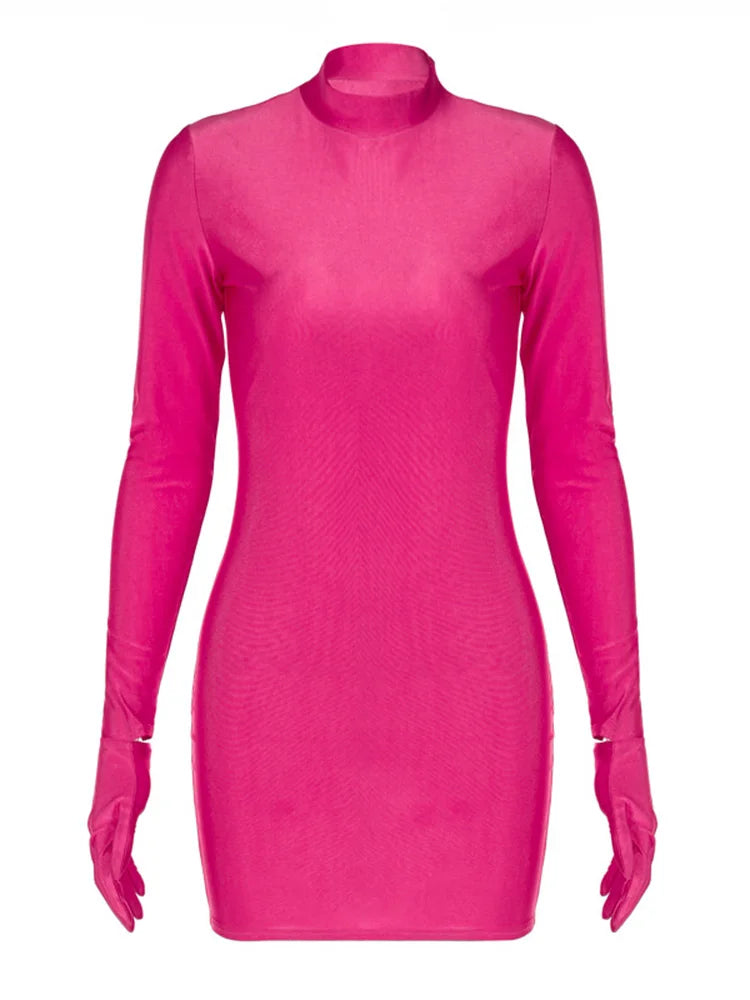 Long Sleeve Gloves Bodycon Sexy Streetwear Party Half Turtleneck Mini Dress