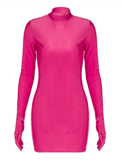 Long Sleeve Gloves Bodycon Sexy Streetwear Party Half Turtleneck Mini Dress