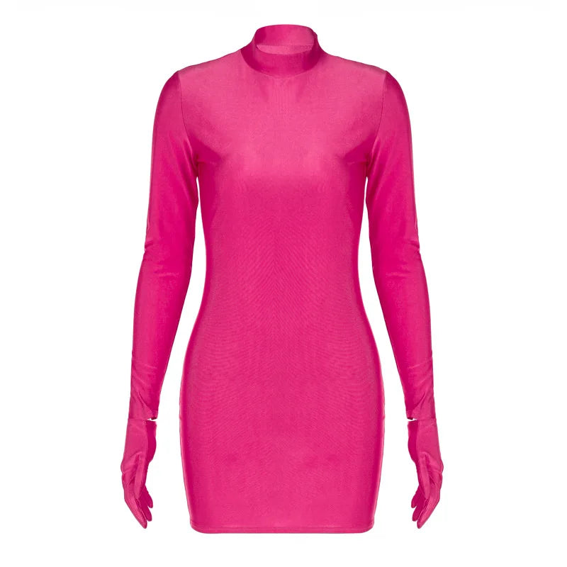 Long Sleeve Gloves Bodycon Sexy Streetwear Party Half Turtleneck Mini Dress