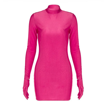 Long Sleeve Gloves Bodycon Sexy Streetwear Party Half Turtleneck Mini Dress