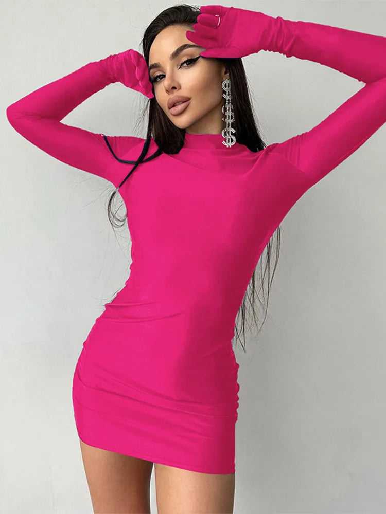 Long Sleeve Gloves Bodycon Sexy Streetwear Party Half Turtleneck Mini Dress