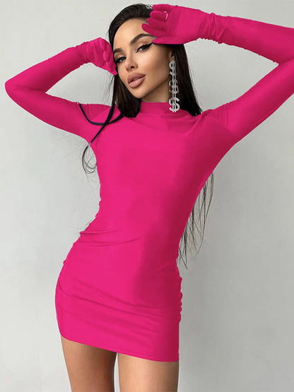 Long Sleeve Gloves Bodycon Sexy Streetwear Party Half Turtleneck Mini Dress