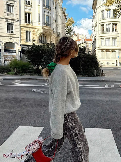 Solid Round Neck Pullover Women Long Sleeve Knitted Jumper Sweater