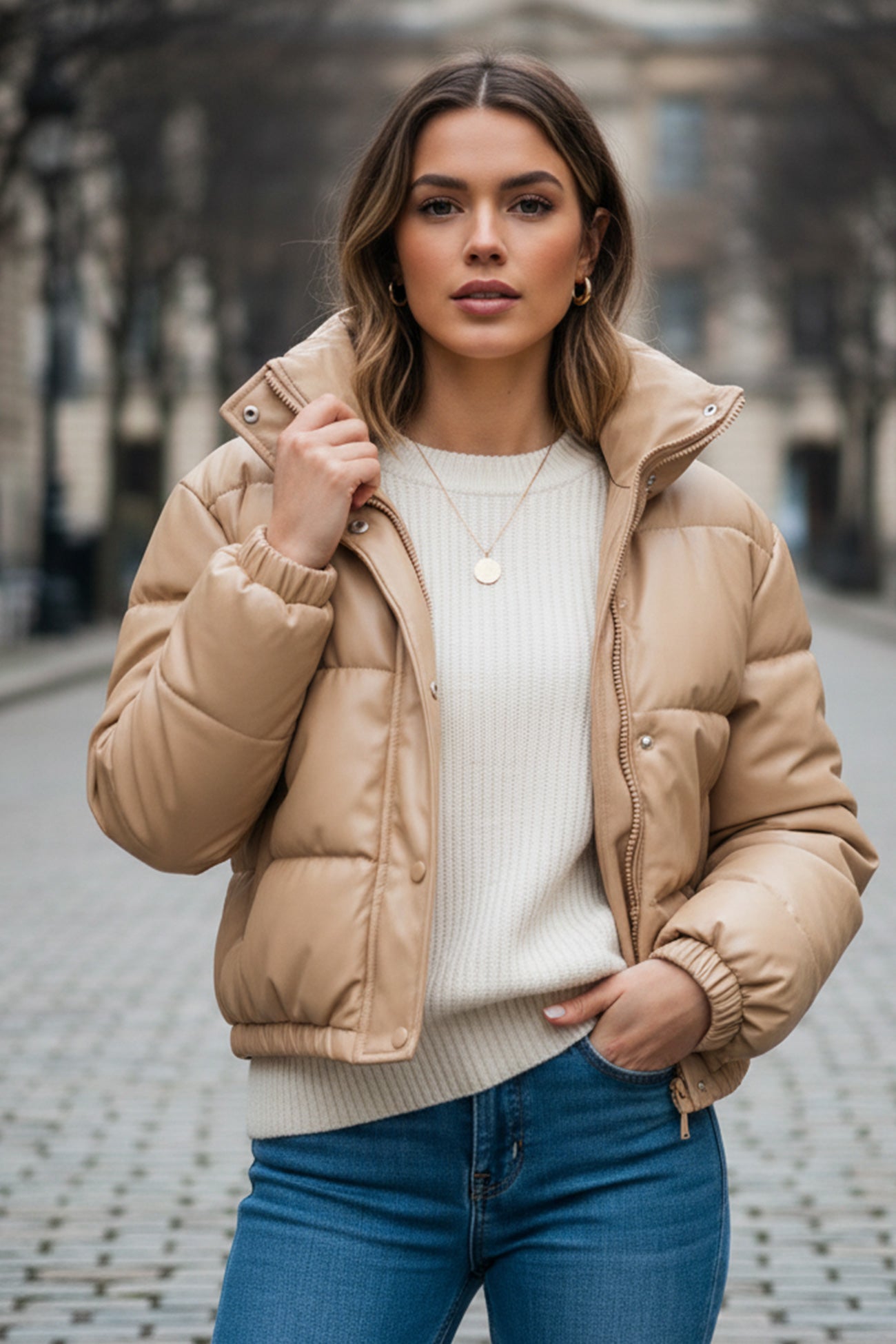 Solid Stand Collar PU Cotton Jacket