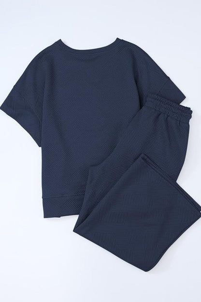 Solid Textured T-shirt Long Pants Set