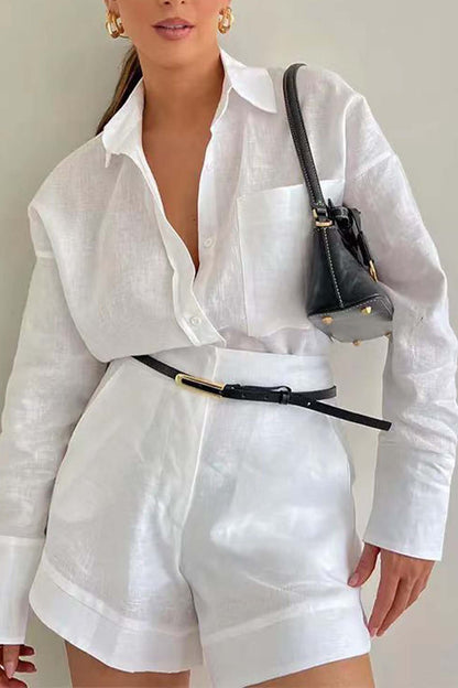 Solid Color Shorts Long Sleeve Shirt Suit