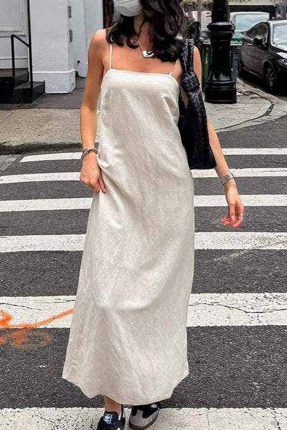 Spaghetti Straps A-line Cotton Linen Dress