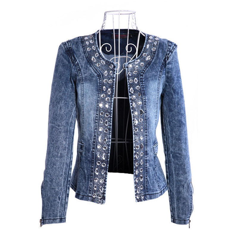 DressBetty - Denim Slim Zipper Sequins Jacket