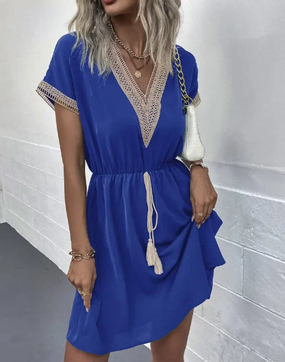 Lace V-Neck Panel Short Sleeve Midi Dress