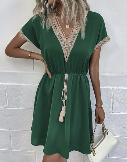 Lace V-Neck Panel Short Sleeve Midi Dress