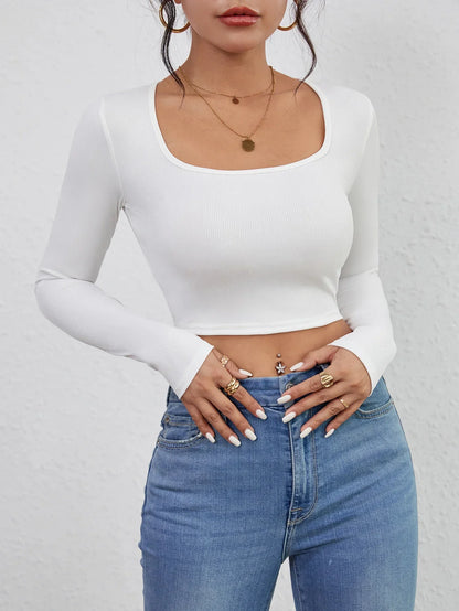 FashionSierra - Cropped Casual Long Sleeve Solid Crop Tops