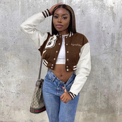 Stitching Leather Sleeves Short Retro Clothes Women Y2K Hombre Top Jacket Coat