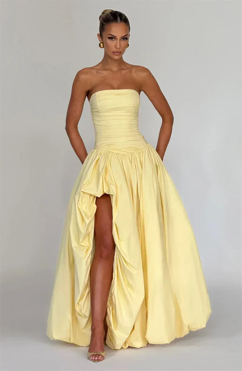 Strapless High Split Lace-Up Back Maxi Dress