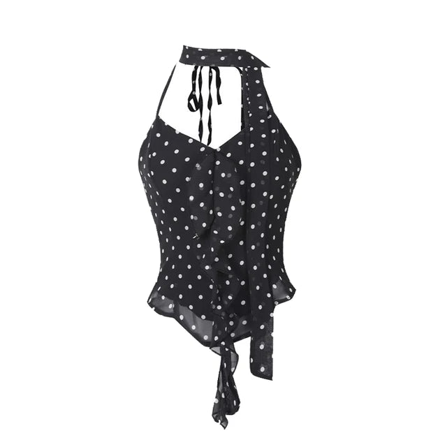 Summer Camisole Slim Vest Sexy Women Sleeveless Perspective V-Neck Ribbon Tank Top Female Solid Black Polka Dots Crop Tops Y2k