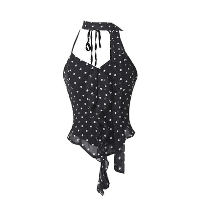 Summer Camisole Slim Vest Sexy Women Sleeveless Perspective V-Neck Ribbon Tank Top Female Solid Black Polka Dots Crop Tops Y2k