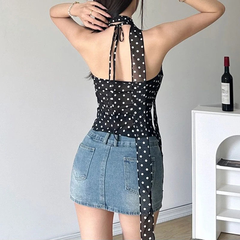 Summer Camisole Slim Vest Sexy Women Sleeveless Perspective V-Neck Ribbon Tank Top Female Solid Black Polka Dots Crop Tops Y2k