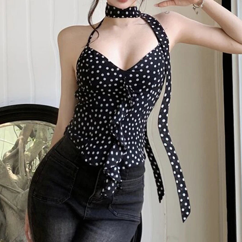 Summer Camisole Slim Vest Sexy Women Sleeveless Perspective V-Neck Ribbon Tank Top Female Solid Black Polka Dots Crop Tops Y2k