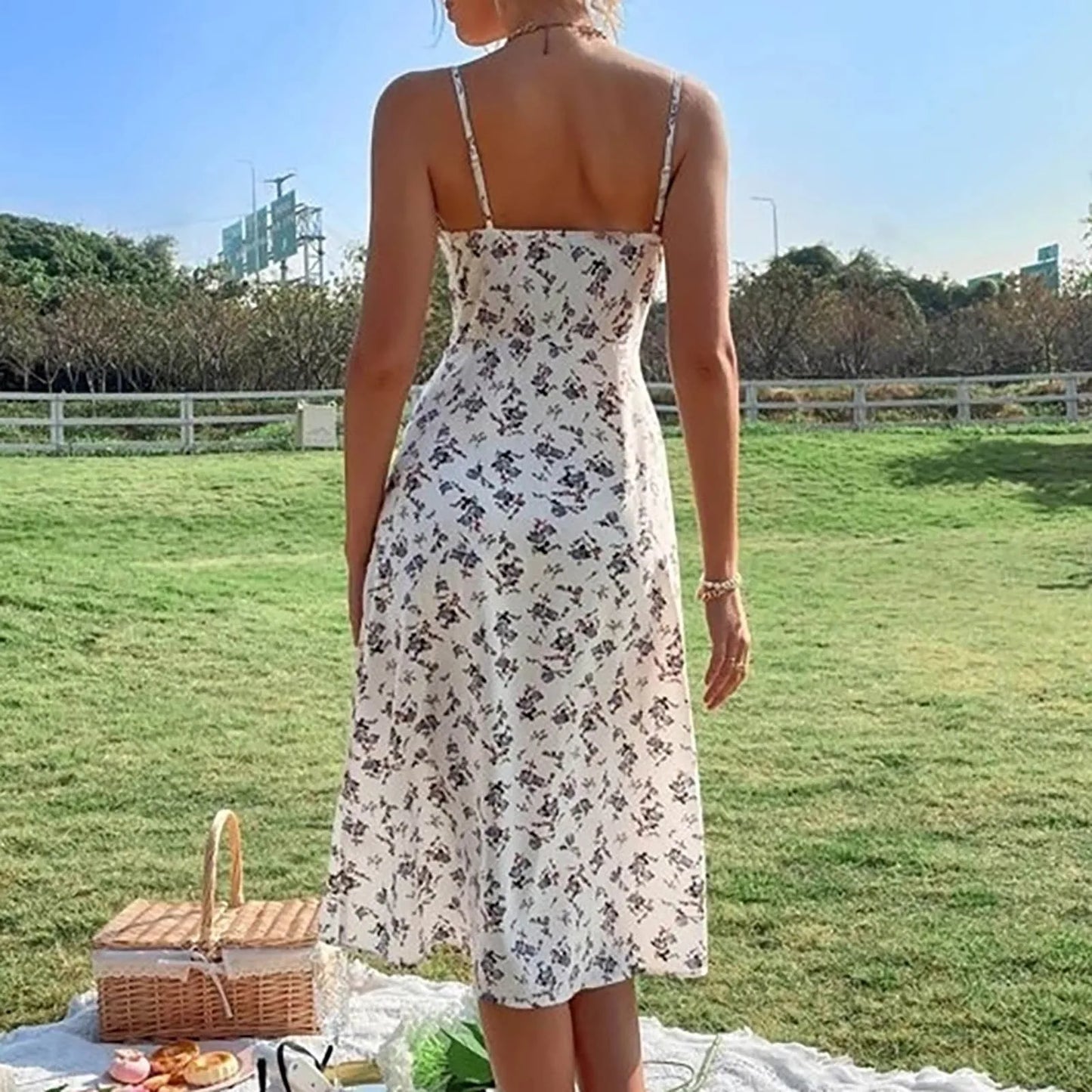 Summer Floral Print Spaghetti Strap Sexy Boho Slit Midcalf Women's Boho Dress