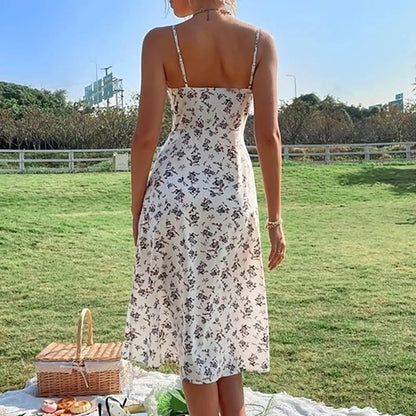 Summer Floral Print Spaghetti Strap Sexy Boho Slit Midcalf Women's Boho Dress
