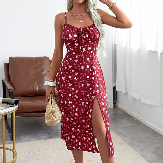 Summer Floral Print Spaghetti Strap Sexy Boho Slit Midcalf Women's Boho Dress