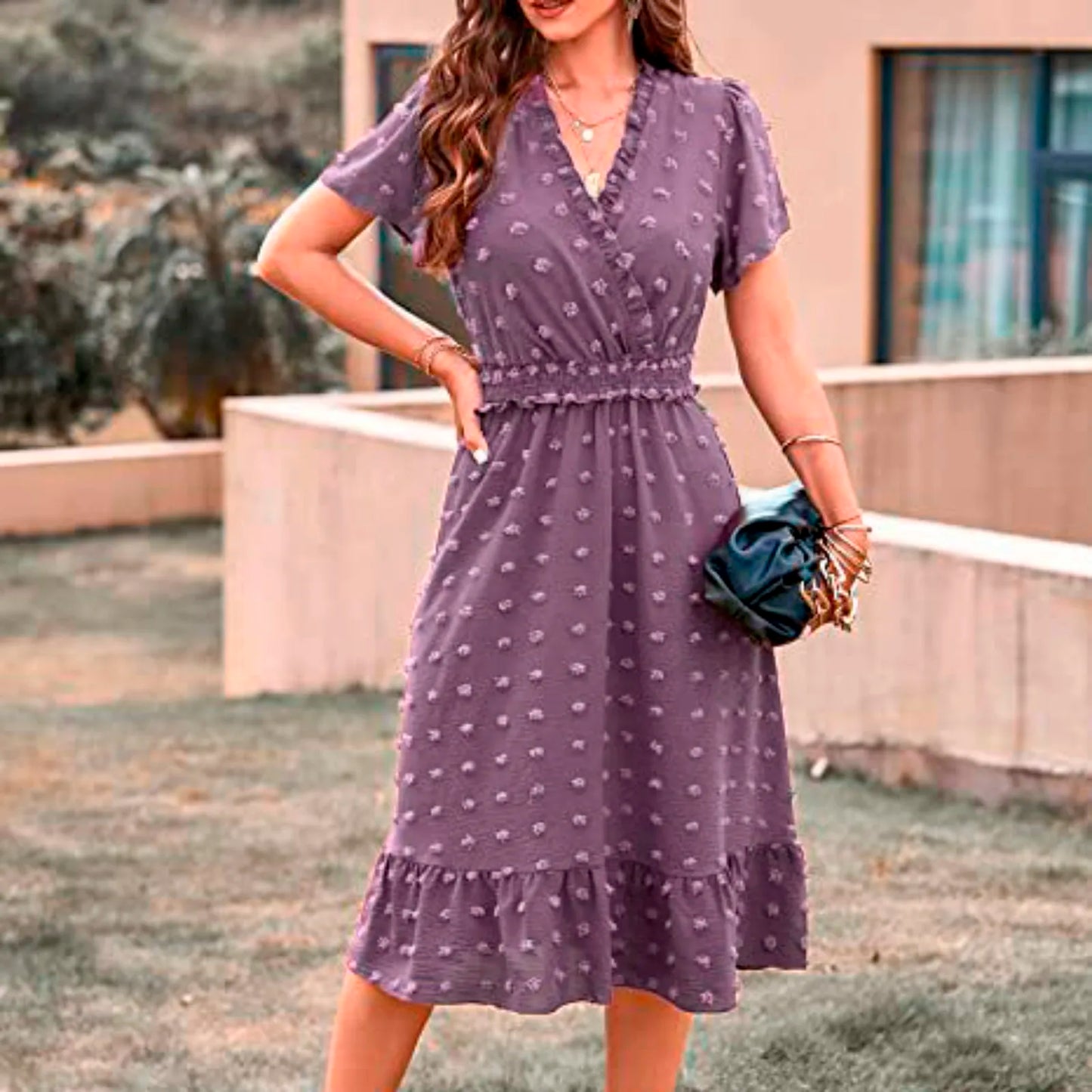 Dot Short Sleeve V Neck 2025 Summer Women's Midi Boho Dress