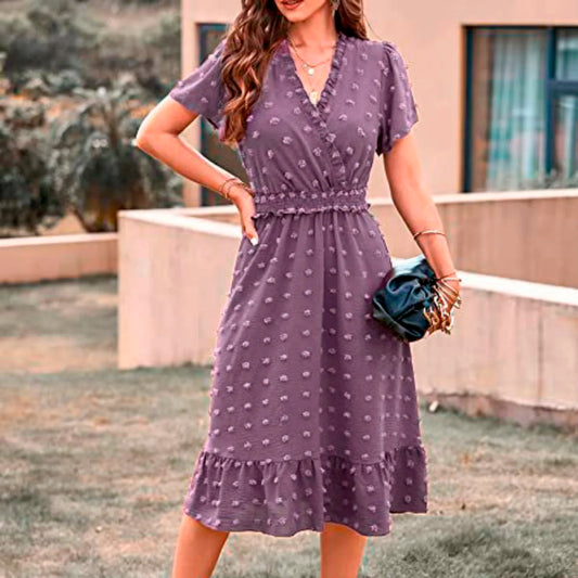 Dot Short Sleeve V Neck 2025 Summer Women's Midi Boho Dress