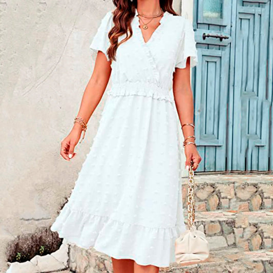 Dot Short Sleeve V Neck 2025 Summer Women's Midi Boho Dress