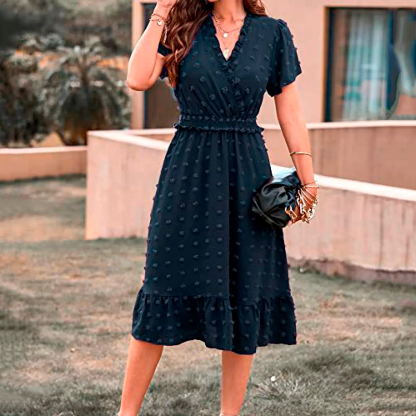 Dot Short Sleeve V Neck 2025 Summer Women's Midi Boho Dress