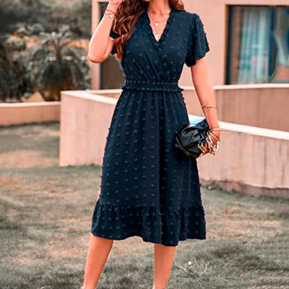 Dot Short Sleeve V Neck 2025 Summer Women's Midi Boho Dress