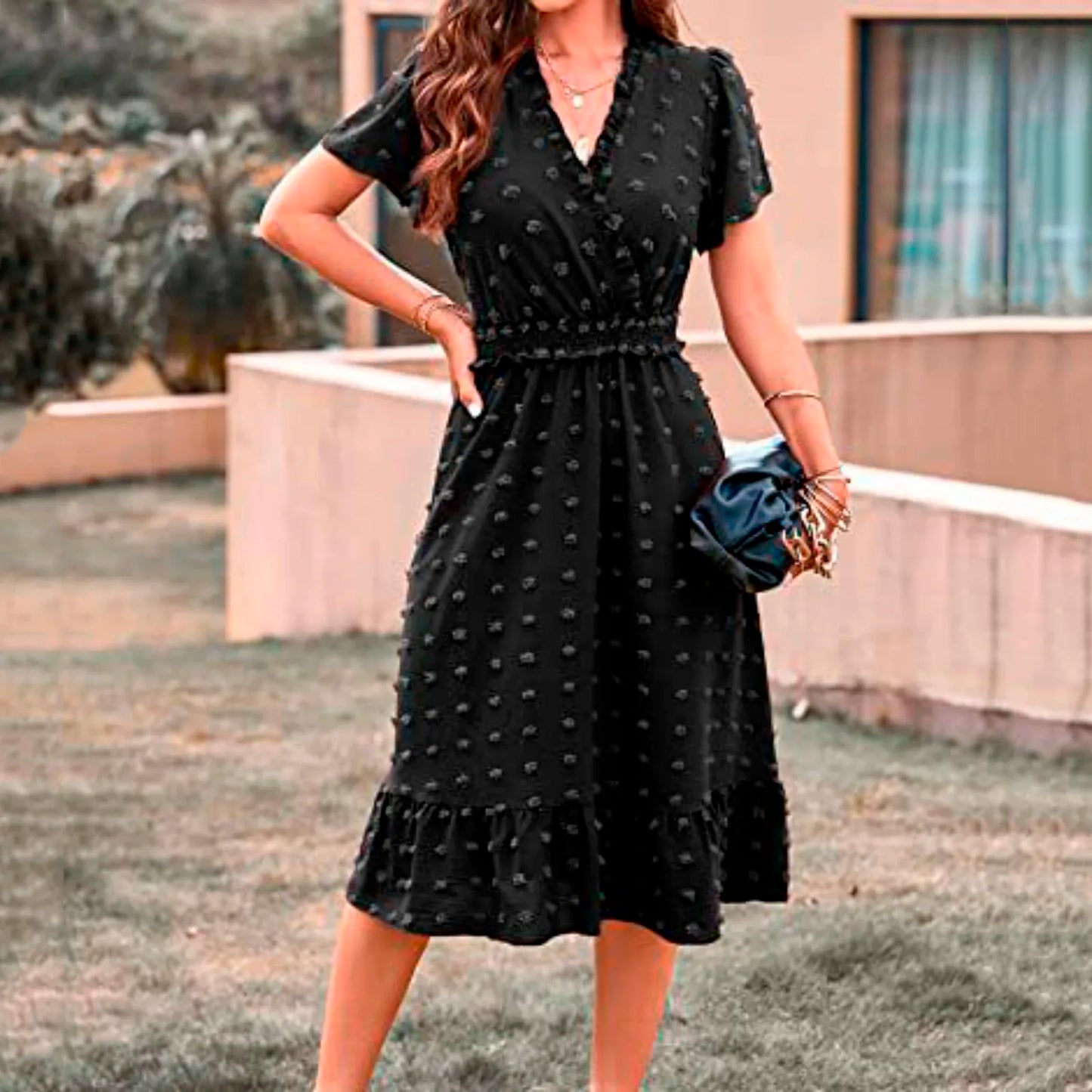 Dot Short Sleeve V Neck 2025 Summer Women's Midi Boho Dress