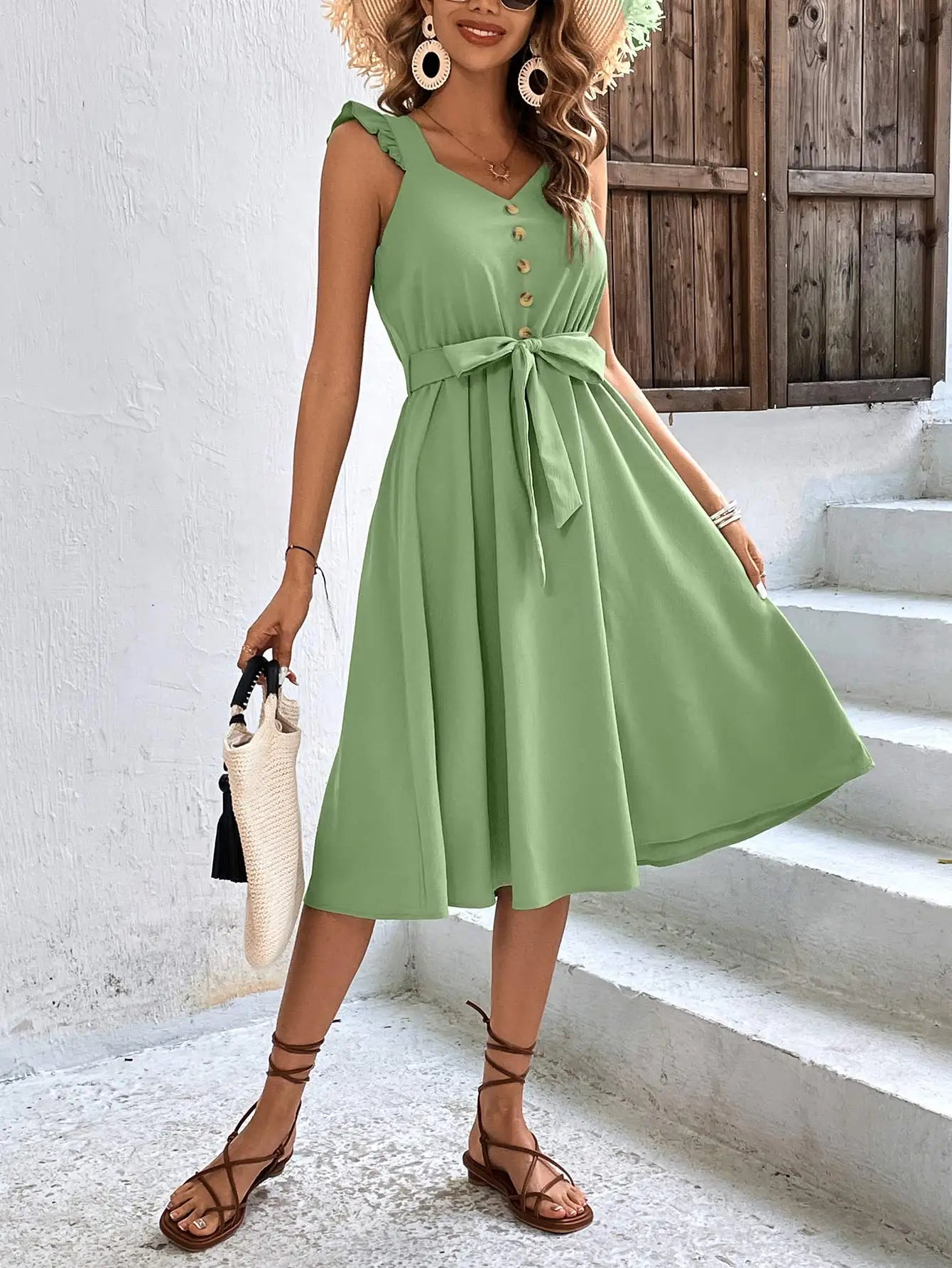 Summer On Sale Clearance Women Sleeveless V-Neck Button Solid Sun Casual Sweet Holiday Party Beach Midi Dress