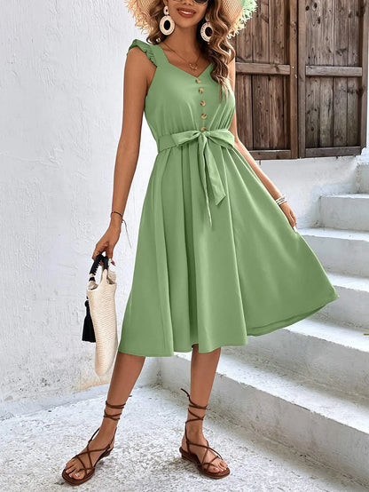 Summer On Sale Clearance Women Sleeveless V-Neck Button Solid Sun Casual Sweet Holiday Party Beach Midi Dress