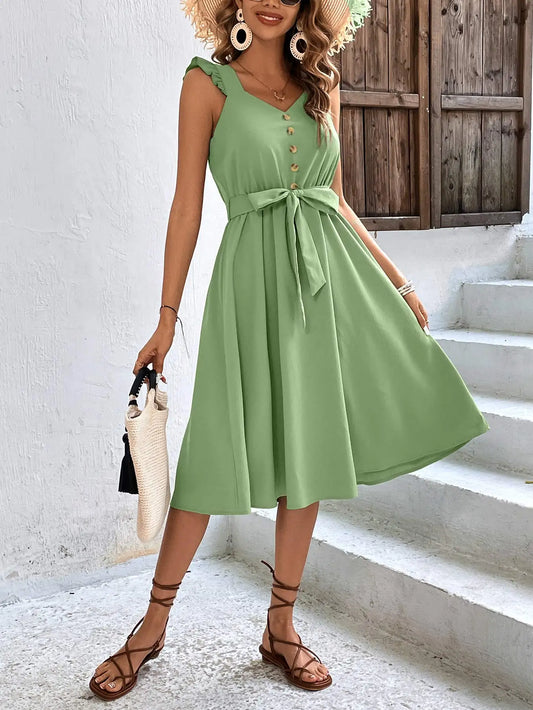 Summer On Sale Clearance Women Sleeveless V-Neck Button Solid Sun Casual Sweet Holiday Party Beach Midi Dress