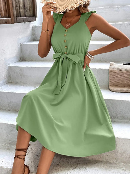 Summer On Sale Clearance Women Sleeveless V-Neck Button Solid Sun Casual Sweet Holiday Party Beach Midi Dress