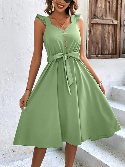 Summer On Sale Clearance Women Sleeveless V-Neck Button Solid Sun Casual Sweet Holiday Party Beach Midi Dress