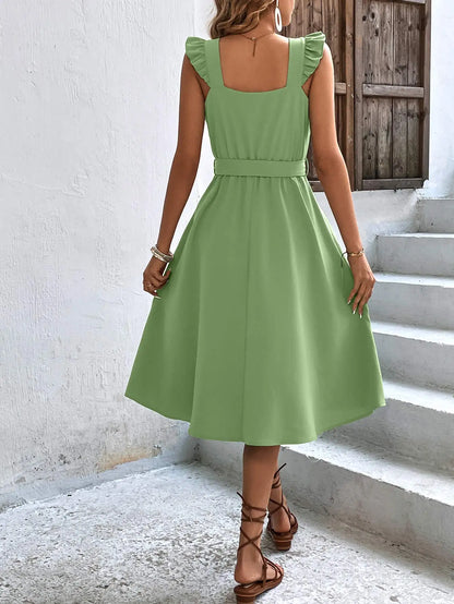 Summer On Sale Clearance Women Sleeveless V-Neck Button Solid Sun Casual Sweet Holiday Party Beach Midi Dress