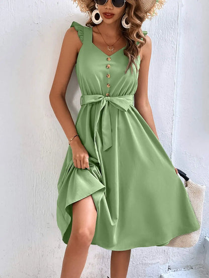 Summer On Sale Clearance Women Sleeveless V-Neck Button Solid Sun Casual Sweet Holiday Party Beach Midi Dress