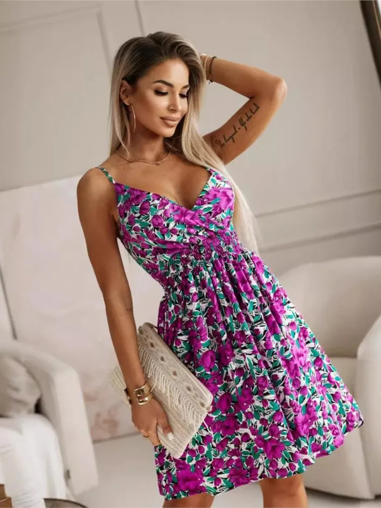 Summer Fashion Floral Print Spaghetti Strap Dresses Women Sexy V-neck Chic Vacation Style Midi Dress Temperament Ladies Vestidos